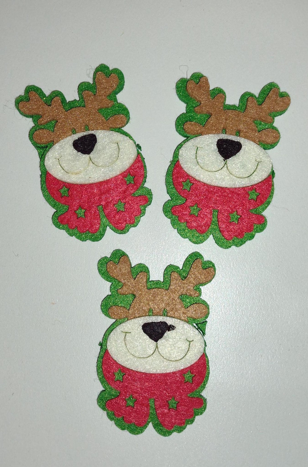 3 Felt Reindeer Faces, Reindeer Felties, Felt Appliques, Craft Supplies
