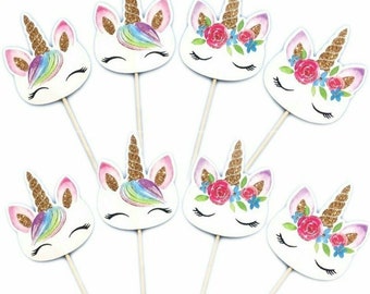 24 Einhorn Cupcake-Picks, Dekorationszubehör, Cupcake-Dekorationen, Food-Picks, Dekorationszubehör, Cake Toppers, Kinderpartydekorationen