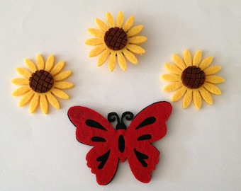4 Sunflower Magnets, Felt Sunflower Magnets, Sunflower Kitchen Magnet, Sunflower Fridge Magnet, Housewarming Gift, Sunflower Locker Magnet