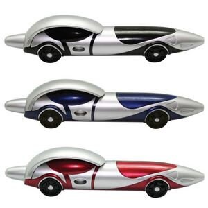 May include: Three novelty pens shaped like race cars. The pens are silver, black, and red with black, blue, and red accents.