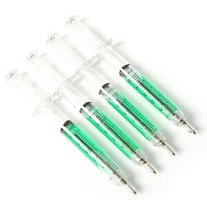 May include: Five clear plastic syringe pens with green ink. The pens are arranged in a row, with the tips pointing to the right.