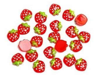 10 Strawberry Cabochons, Resin Strawberry Cabochons, Fruit Cabochons, Strawberry Flat Backs, Strawberry Charm Beads, Flat Strawberry Charms