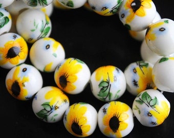 10 Ceramic Sunflower Beads, Porcelain Sunflower Beads, Jewelry Making Supplies, Beading Supplies, Loose Sunflower Beads, Sunflower Spacers