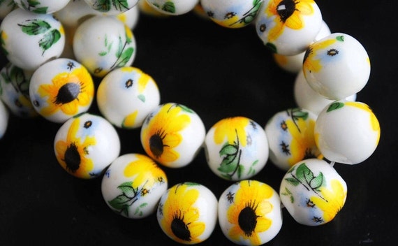 10 Ceramic Sunflower Beads, Porcelain Sunflower Beads, Jewelry
