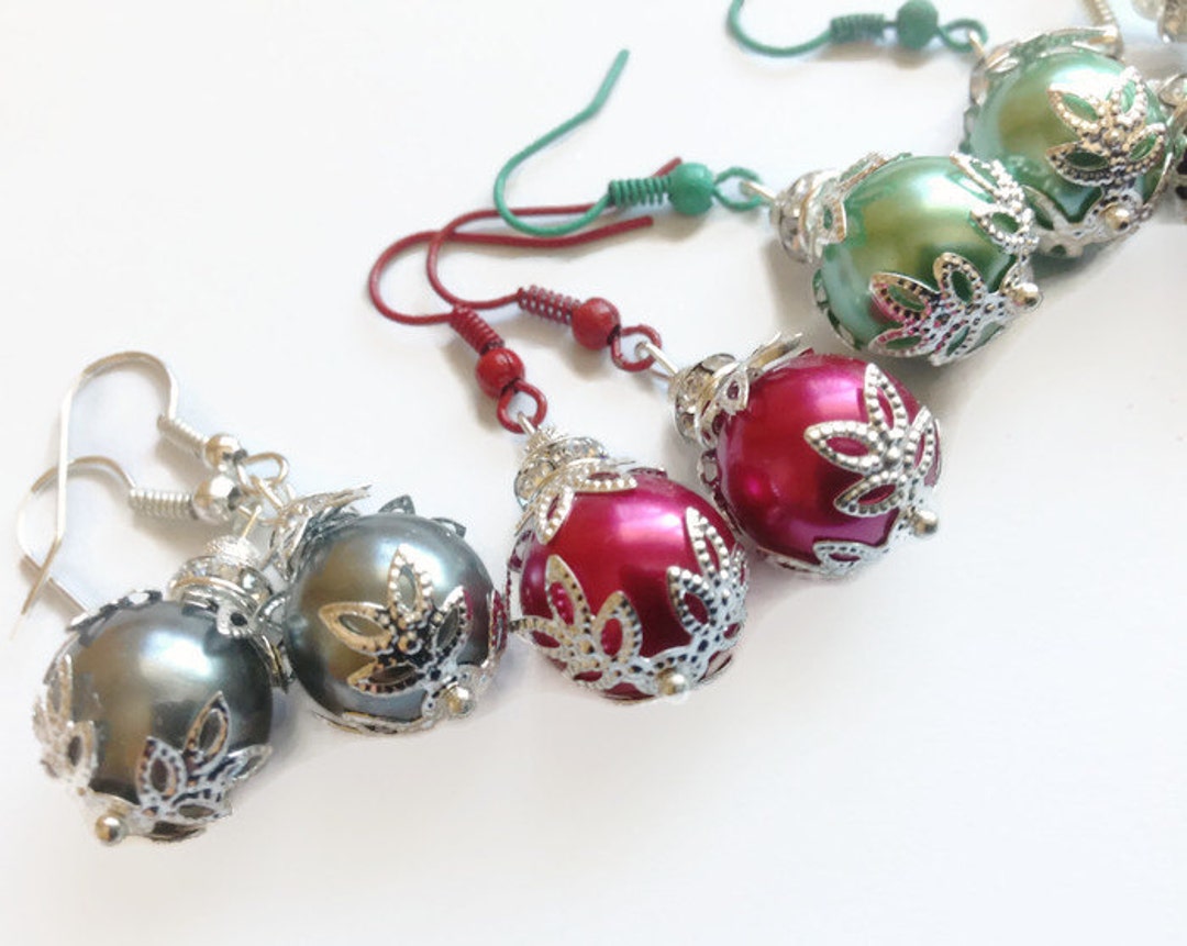 Christmas Ornament Earrings Faux Pearl Earrings Holiday Etsy