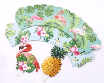 12 Flamingo Cupcake Picks, Pineapple Cupcake Toppers, Tropical Party Picks, Pineapple Cupcake Wraps, Tropical Cake Picks, Party Decorations