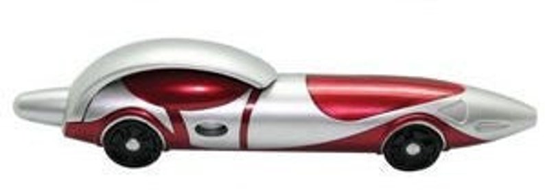 May include: A silver and red toy car with a streamlined design. The car has a rounded front end and a long, narrow body.