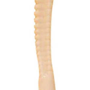 May include: A white plastic pen with a textured, ridged design. The pen has a pointed tip.