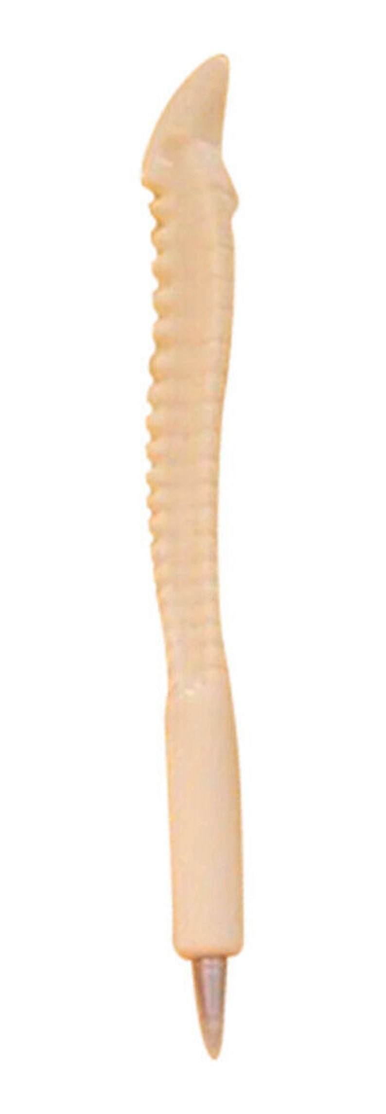 May include: A white plastic pen with a textured, ridged design. The pen has a pointed tip.