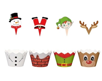12 Christmas Cupcake Toppers, Holiday Party Supplies, Cupcake Decorations, Cupcake Holders, Baking Supplies, Christmas Cupcake Kit, Displays