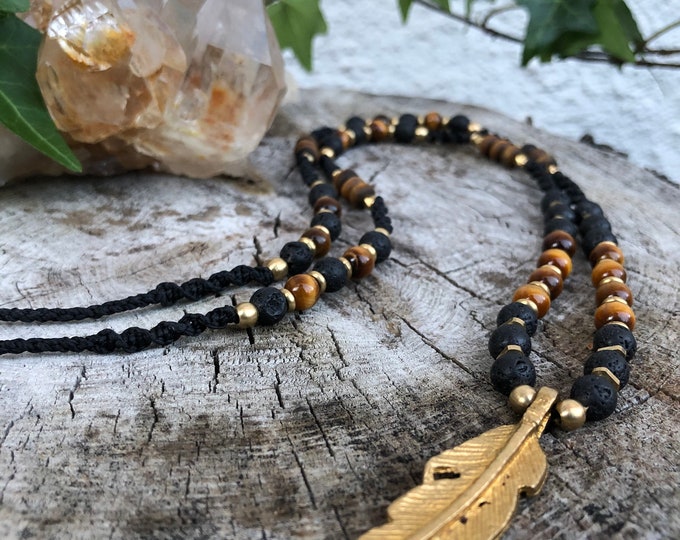Grounding Protective Tiger Eye and Black Lava Bead Long Feather Necklace Healing Jewelry Unisex Crystal Brass Neckace