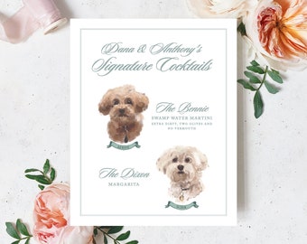 Pet Portrait Dog or Cat Cocktail Drink Bar Menu for Wedding Reception or Anniversary Party