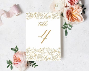 Muted Gold Printable Hand Drawn Floral Table Numbers for Wedding Decor and Wedding Printable Table Signage Numbers 1-20 in 5x7"