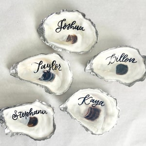Silver Rimmed Cupped Oyster Shells with Calligraphy for PlaceCards, Wedding Decor, Ornaments and Crafts