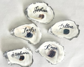 Silver Rimmed Cupped Oyster Shells with Calligraphy for PlaceCards, Wedding Decor, Ornaments and Crafts