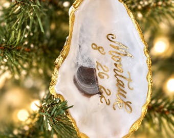 Personalized Oyster Shell Christmas Ornament | Hand-Lettered Calligraphy, Gold Rim (Wedding Favor)