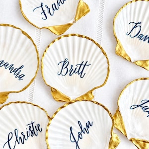 Scallop Shell Place Card Ring Dish with Calligraphy for Wedding Coastal Table Decor