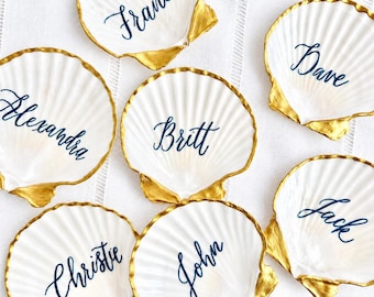 Scallop Shell Place Card Ring Dish with Calligraphy for Wedding Coastal Table Decor