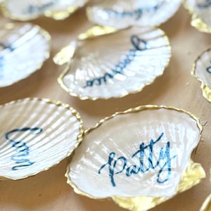 Scallop Shell Place Card Small Ring Dish with Calligraphy for Wedding Coastal Table Decor