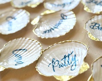 Scallop Shell Place Card Small Ring Dish with Calligraphy for Wedding Coastal Table Decor