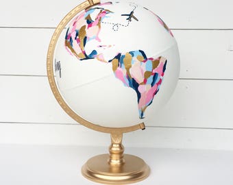 Custom Hand Painted Abstract Colorful World Globe with personalization for Wedding Guestbook and Home Decor