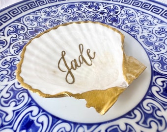 Scallop Shell Place Card 3-4” wide Ring Dish with Calligraphy for Wedding Coastal Table Decor