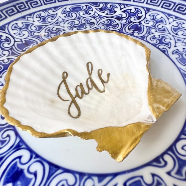 Scallop Shell Place Card 3-4” wide Ring Dish with Calligraphy for Wedding Coastal Table Decor