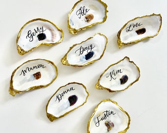 Gold Rimmed Cupped Oyster Shells with Calligraphy for PlaceCards, Wedding Decor, Ornaments and Crafts Optional Drilled Holes, Table Number