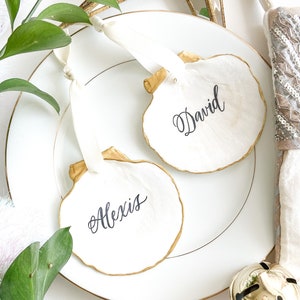 Ornamento natalizio a conchiglia XL, anello, segnaposto con calligrafia per matrimonio, decorazione costiera