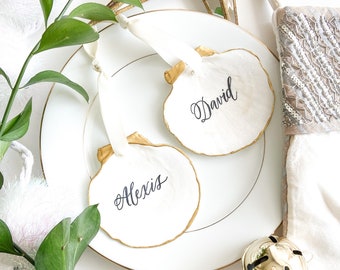 XL Scallop Shell Christmas Ornament Ring Dish Place Card with Calligraphy for Wedding Coastal Decor