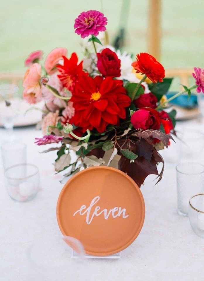 Terracotta Calligraphy Table Number Plates for Boho Floral Outdoor Garden Wedding Tablescape