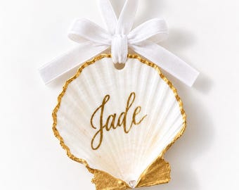 Personalized Scallop Shell Ornament | Custom Calligraphy Coastal Christmas Ornament | Gold or Silver Rim