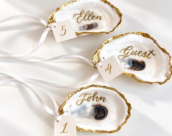 Personalized Oyster Shell Place Cards | Gold Rim, Hand-Lettered Calligraphy (Wedding Favors)