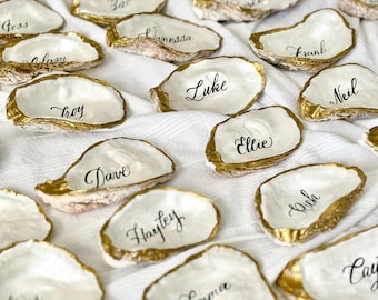 Hand-Lettered Oyster Shell Place Cards, Pearlescent Wedding Decor