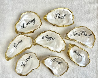 Gold or Silver Metallic Oyster Shell Place cards with Pearlescent Center, Oyster Shell with Calligraphy for Wedding, Pearl Center ornament