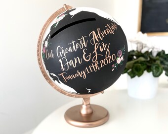 Wedding Guestbook Ballot Gift Card Box World Globe con dipinto a mano con fiori e continenti e oceani personalizzati