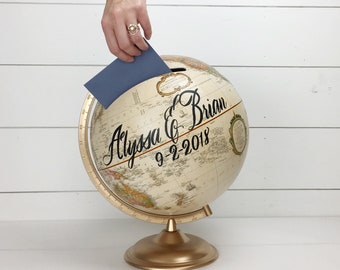 Wedding Card or Ballot Box World Map Globe with Custom Calligraphy Large Globe Wishing Well Card Slot