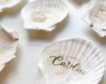 Large Scallop Shell Place Card Ring Dish with Calligraphy for Wedding Coastal Table Decor