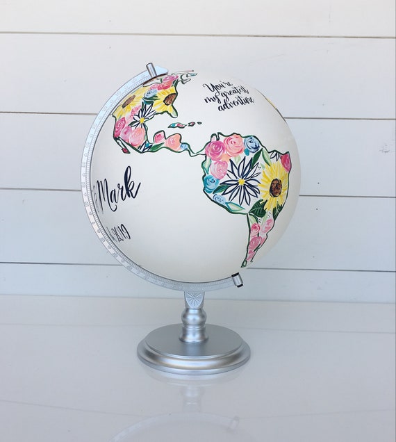 Floral And Colorful World Globe Wedding Guestbook Art Piece Etsy