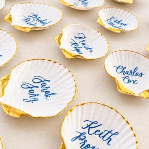 10 Scallop Shell Place Card Ring Dish with Calligraphy and Gold Rims for Lisa