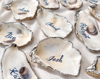 Personalized Oyster Shell Place Cards | Silver Rim Calligraphy Wedding Decor | Coastal Wedding Favors