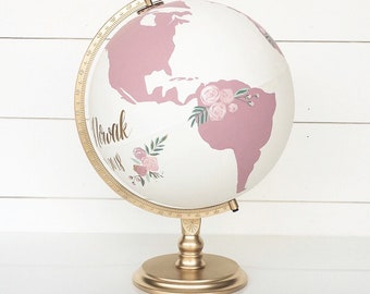 Custom Dusty Rose Calligraphy Wedding Guestbook Alternative Guestbook World Globe Large 12 inch with Florals, Greenery, Custom Color Scheme