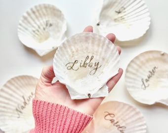 Scallop Shell Place Card Ring Dish with Calligraphy for Wedding Coastal Table Decor