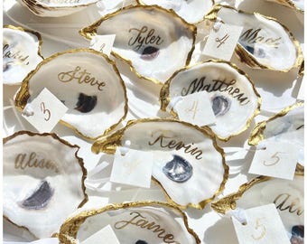 Gold Rimmed Oyster Shell Place Cards – Custom Calligraphy Wedding Decor