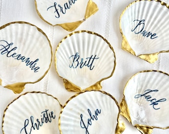 Scallop Shell Place Card Ring Dish with Calligraphy for Wedding Coastal Table Decor