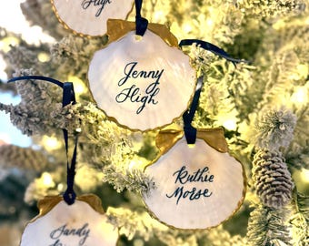 Calligraphy Scallop Shell Ornament: Coastal Wedding Escort Cards and Christmas Decor