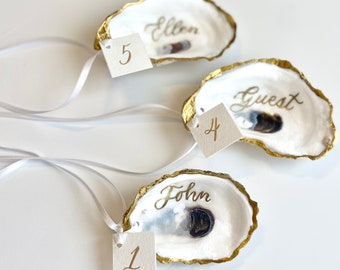 Hole Drilled Gold Metallic Oyster Shell Place card Ornament and Table Number Calligraphy with Guest Name for Place Card