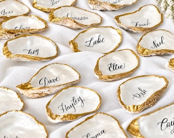 Hand-Lettered Oyster Shell Place Cards, Pearlescent Wedding Decor