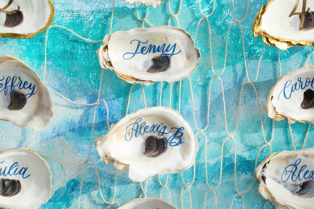 Gold Rimed Card Design Personalized Oyster Shell Place Cards | Gold Rim, Hand-lettered ...