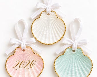 Personalized Scallop Shell Christmas Ornament, Hand Painted Coastal Keepsake